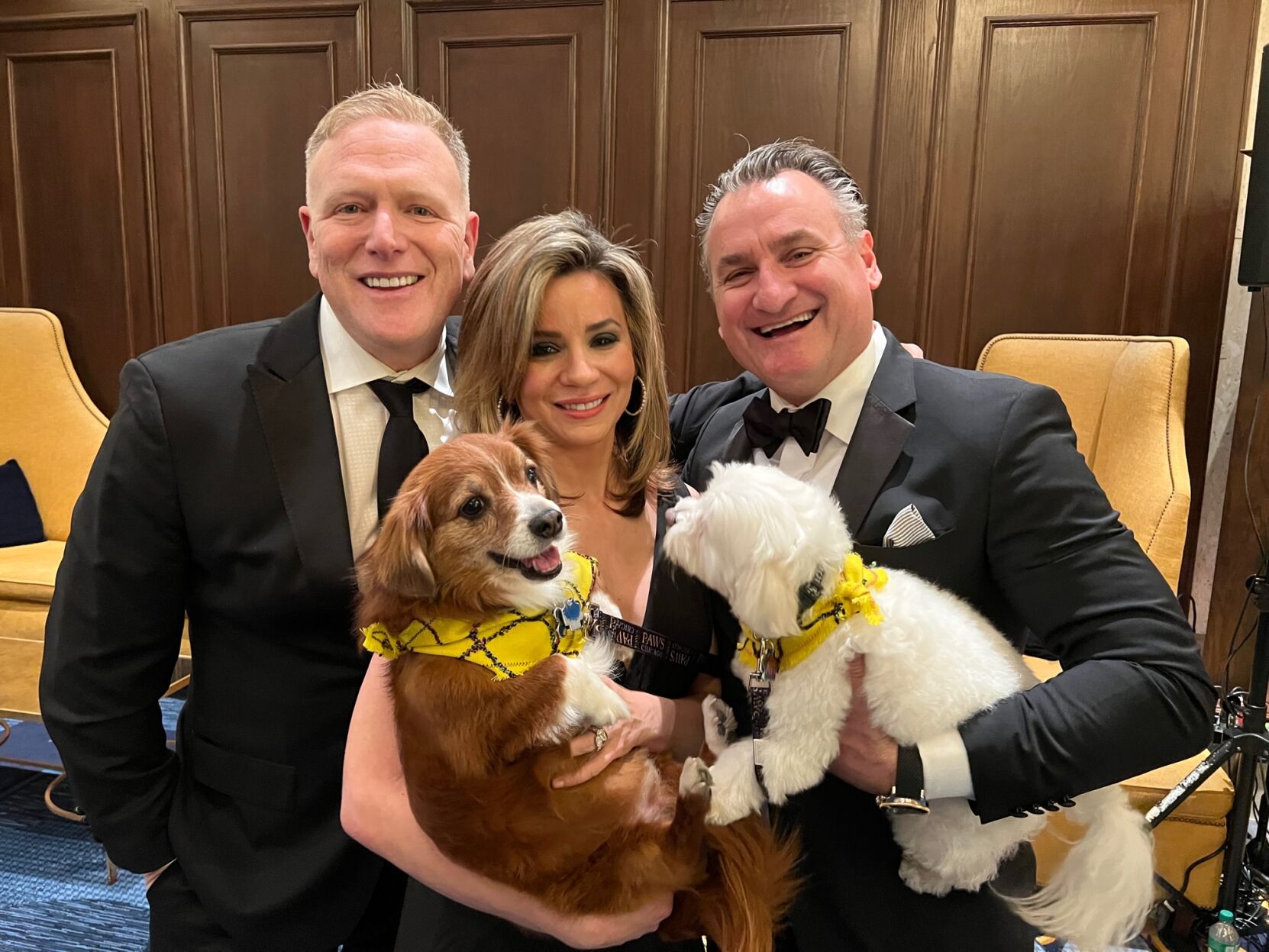Co-chair Jon Harris with Susanna Wickham (PAWS CEO) and Chris Wickham, with Gus (a PAWS dog) and friend Avi.